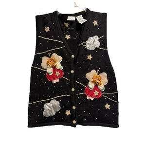 Vtg Bobbie Brooks Women's S Angel Star Ugly Festive Christmas Sweater Vest 3D